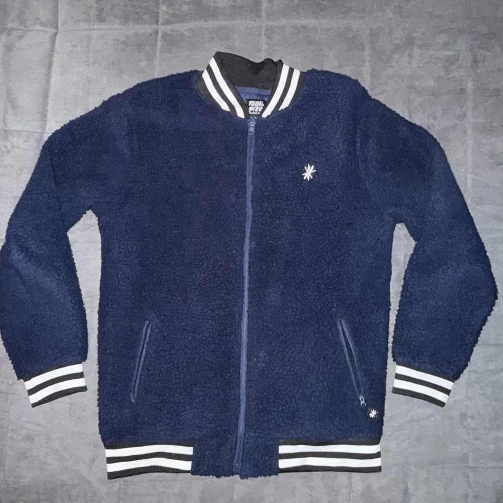 Rebel Star Navy Blue Fleece Sherpa Jacket with Striped Trim Size Medium Y2K